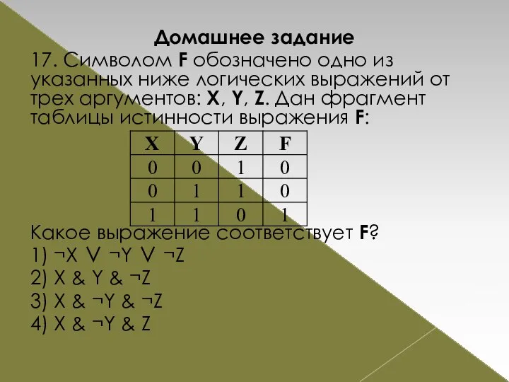 Домашнее задание 17. Символом F обозначено одно из указанных ниже логических