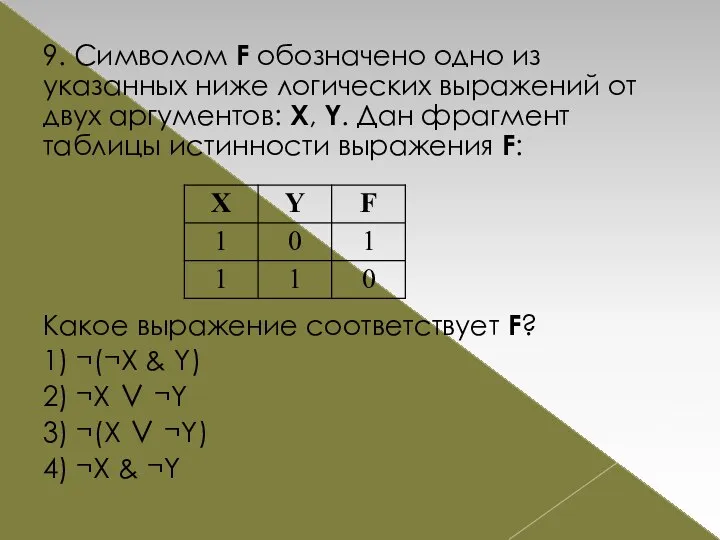 9. Символом F обозначено одно из указанных ниже логических выражений от