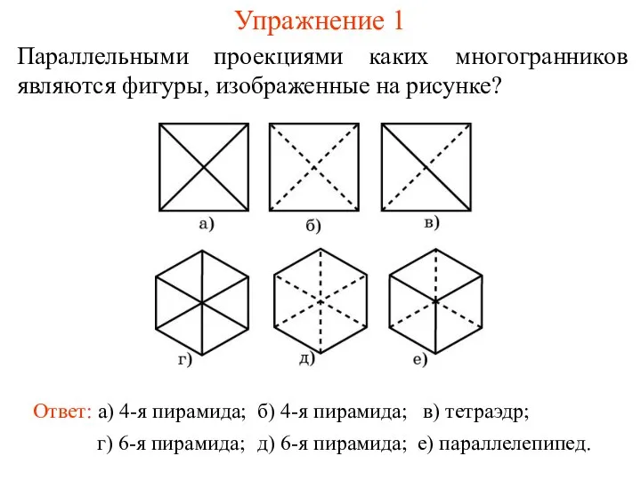 Упражнение 1 Параллельными проекциями каких многогранников являются фигуры, изображенные на рисунке?