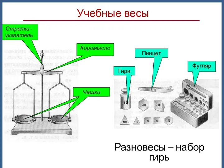 Коромысло Стрелка - указатель Чашки Гири Пинцет Футляр Учебные весы Разновесы – набор гирь