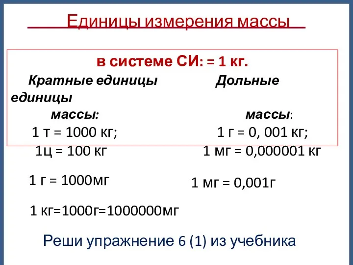 в системе СИ: = 1 кг. Кратные единицы Дольные единицы массы: