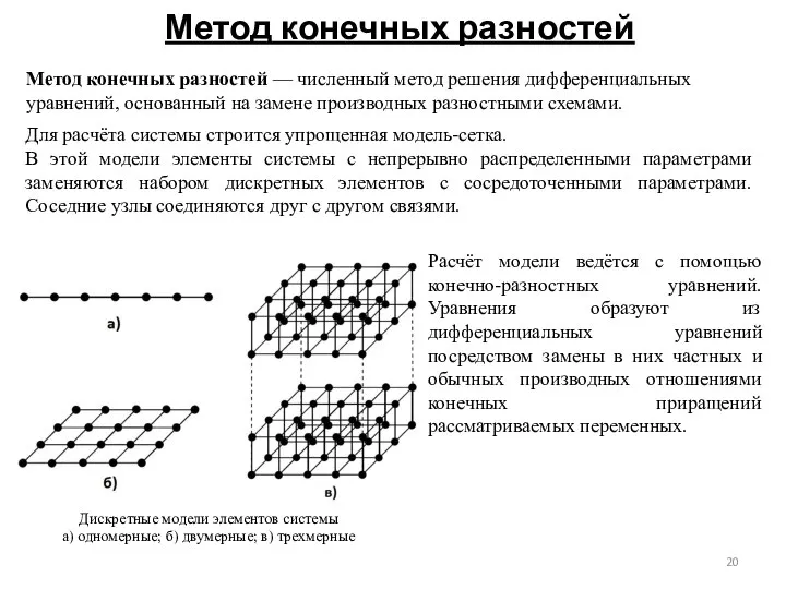 Метод конечных разностей Для расчёта системы строится упрощенная модель-сетка. В этой