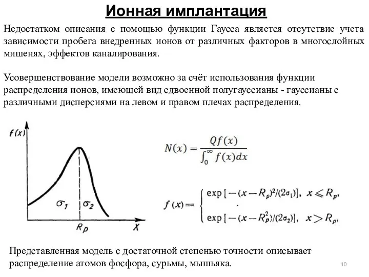 Ионная имплантация Недостатком описания с помощью функции Гаусса является отсутствие учета