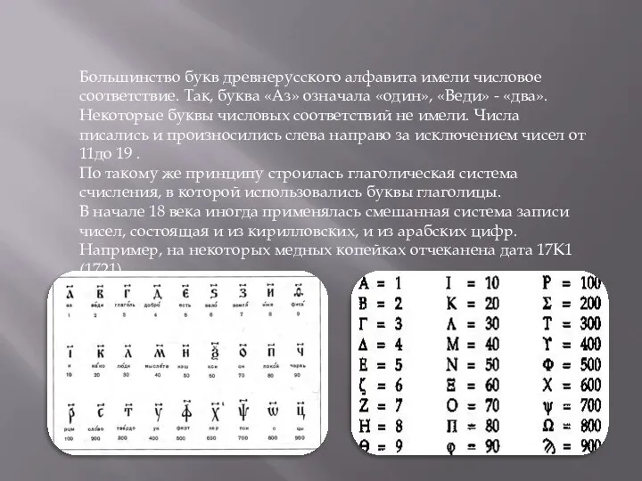 Большинство букв древнерусского алфавита имели числовое соответствие. Так, буква «Аз» означала