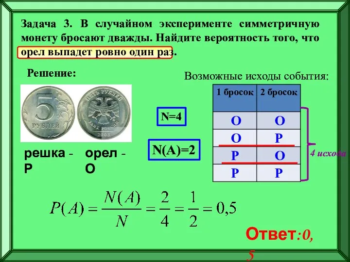 Задача 3. В случайном эксперименте симметричную монету бросают дважды. Найдите вероятность