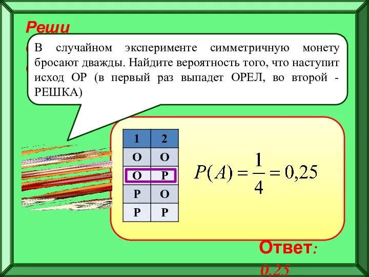 Реши самостоятельно! В случайном эксперименте симметричную монету бросают дважды. Найдите вероятность