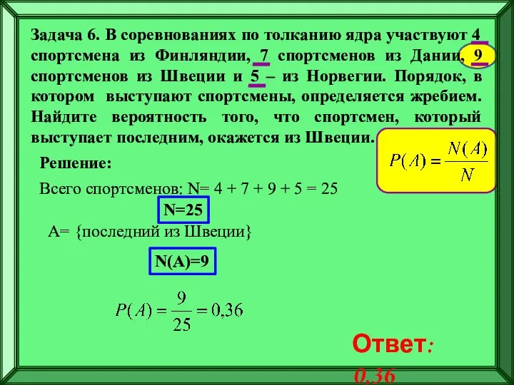 Задача 6. В соревнованиях по толканию ядра участвуют 4 спортсмена из