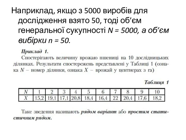 Наприклад, якщо з 5000 виробів для дослідження взято 50, тоді об’єм