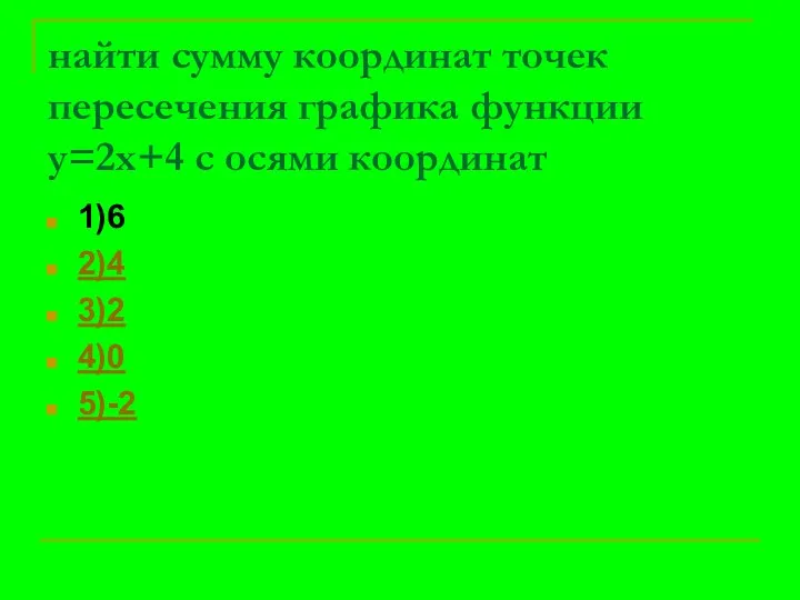 найти сумму координат точек пересечения графика функции у=2х+4 с осями координат 1)6 2)4 3)2 4)0 5)-2