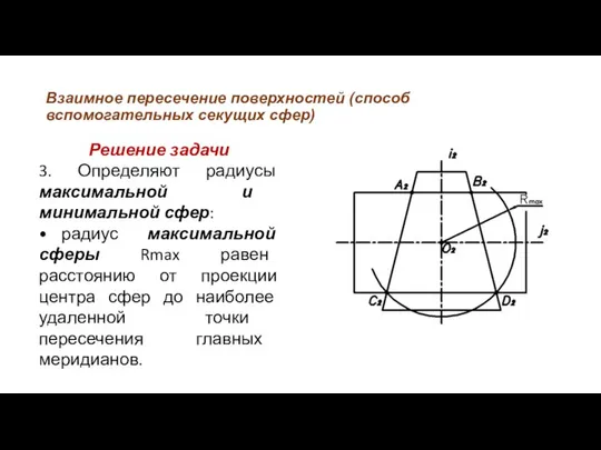 Взаимное пересечение поверхностей (способ вспомогательных секущих сфер) Решение задачи 3. Определяют