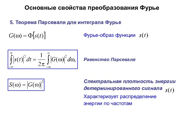 Основные свойства преобразования Фурье 5. Теорема Парсеваля для интеграла Фурье Равенство Парсеваля