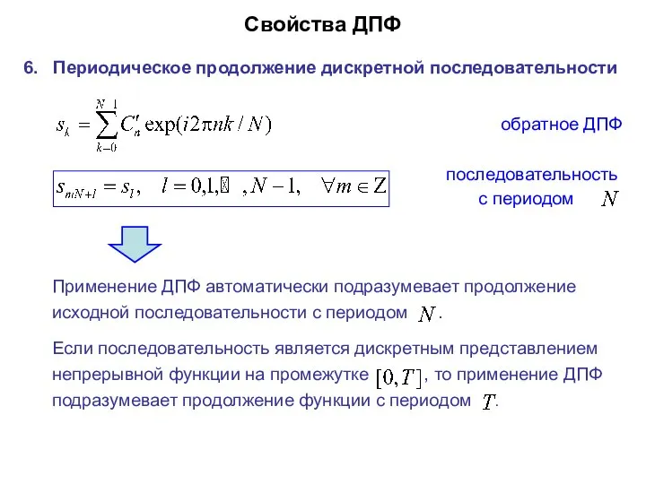 Периодическое продолжение дискретной последовательности Свойства ДПФ обратное ДПФ