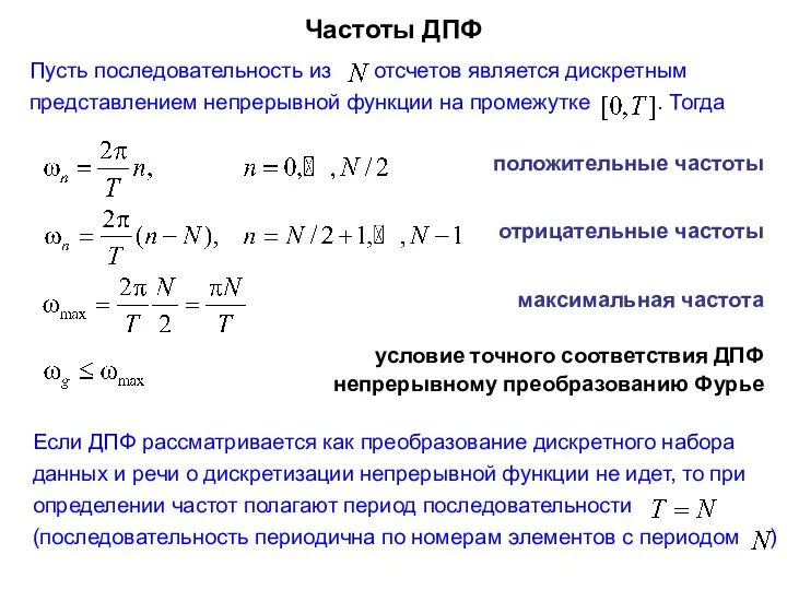 Частоты ДПФ положительные частоты отрицательные частоты максимальная частота Пусть последовательность из