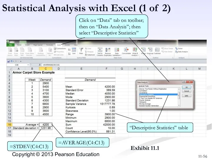 Exhibit 11.1 Statistical Analysis with Excel (1 of 2) Click on