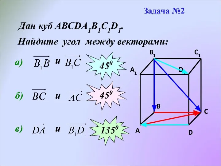 Задача №2 Найдите угол между векторами: а) и 450 б) и