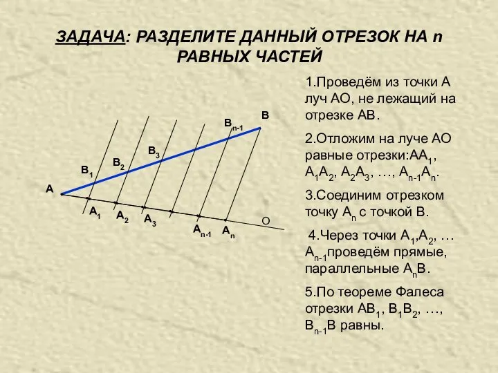 ЗАДАЧА: РАЗДЕЛИТЕ ДАННЫЙ ОТРЕЗОК НА n РАВНЫХ ЧАСТЕЙ А В 1.Проведём