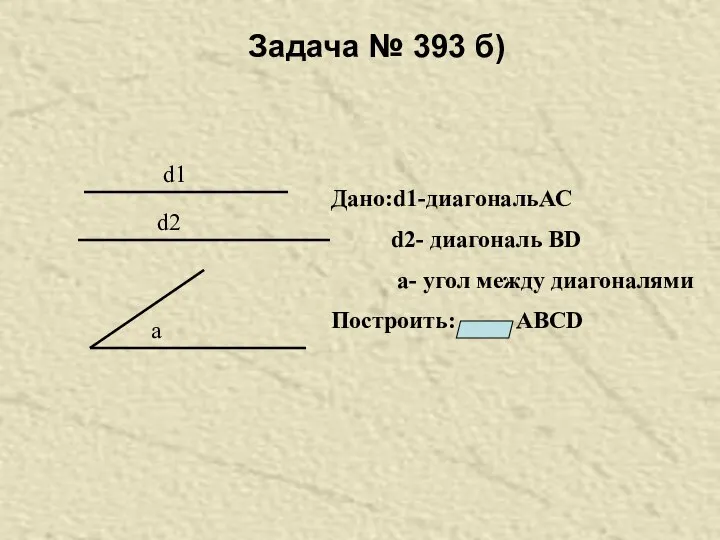 Задача № 393 б) d1 d2 a Дано:d1-диагональАС d2- диагональ ВD