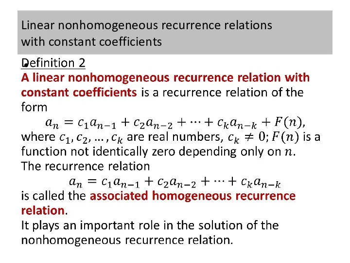 Linear nonhomogeneous recurrence relations with constant coefficients