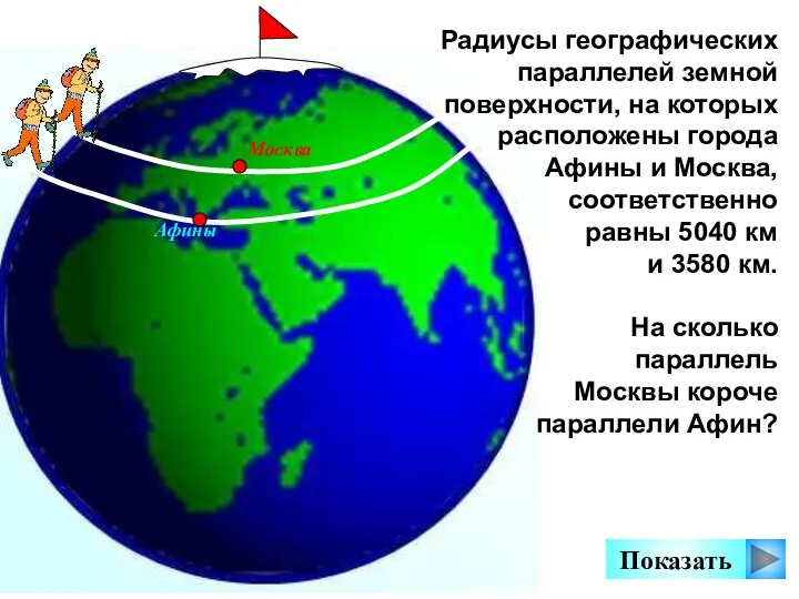 Показать Радиусы географических параллелей земной поверхности, на которых расположены города Афины