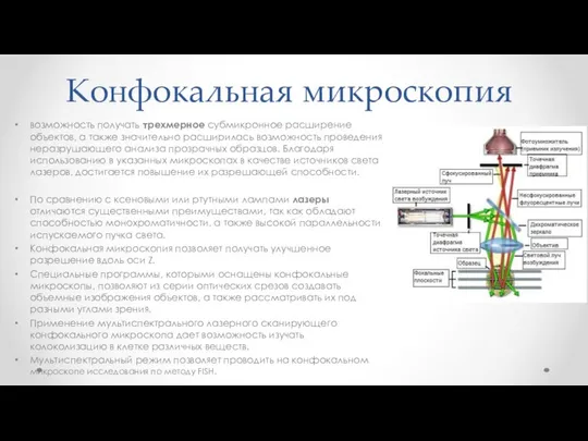 Конфокальная микроскопия возможность получать трехмерное субмикронное расширение объектов, а также значительно