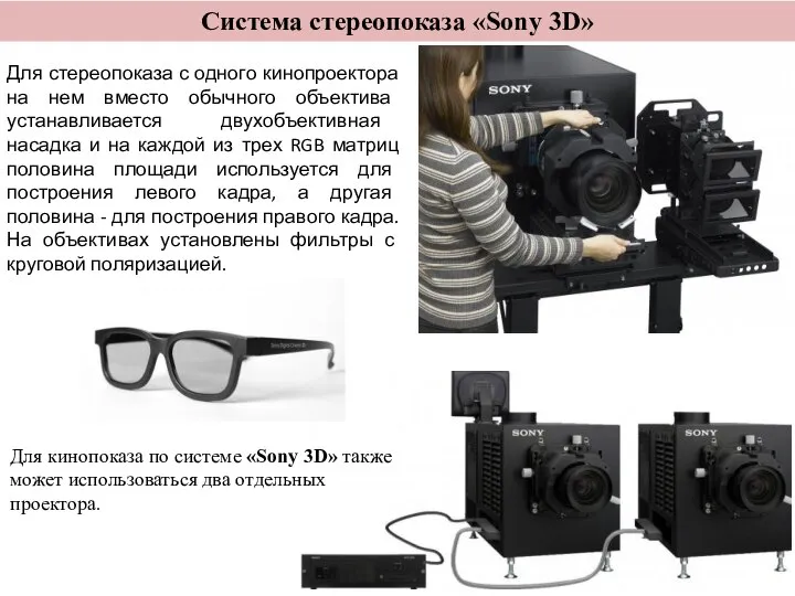 Система стереопоказа «Sony 3D» Для стереопоказа с одного кинопроектора на нем