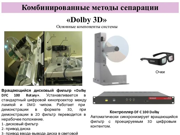Комбинированные методы сепарации Вращающийся дисковый фильтр «Dolby DFC 100 Rotary». Устанавливается