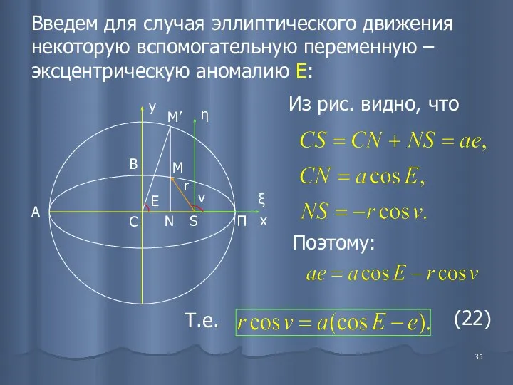 Введем для случая эллиптического движения некоторую вспомогательную переменную – эксцентрическую аномалию