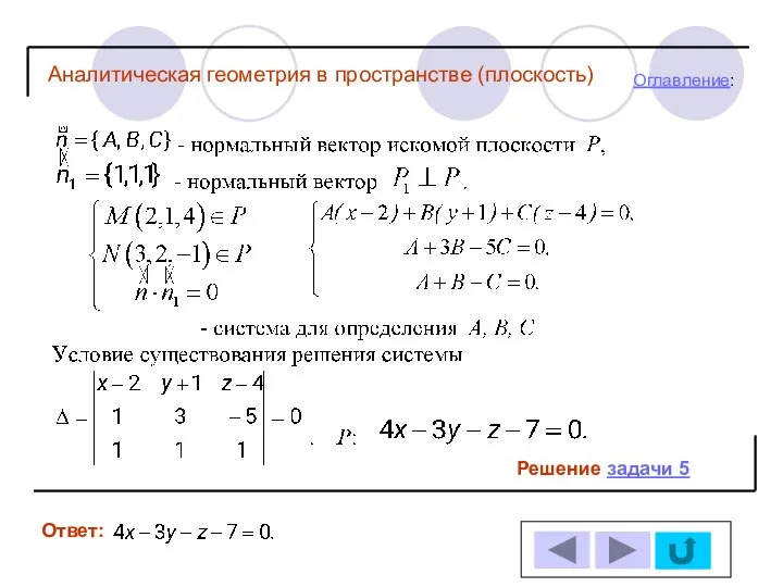 Решение задачи 5 Ответ: Оглавление: Аналитическая геометрия в пространстве (плоскость)