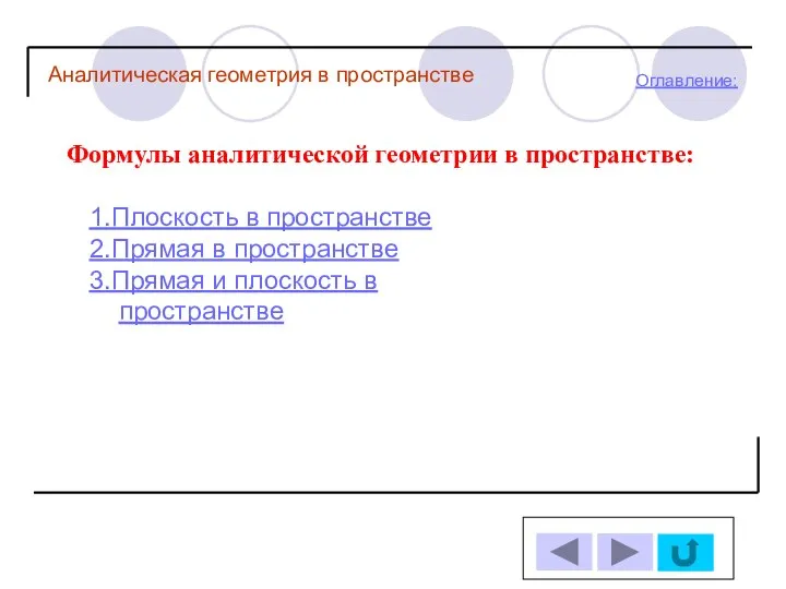 Оглавление: Аналитическая геометрия в пространстве Формулы аналитической геометрии в пространстве: 1.Плоскость