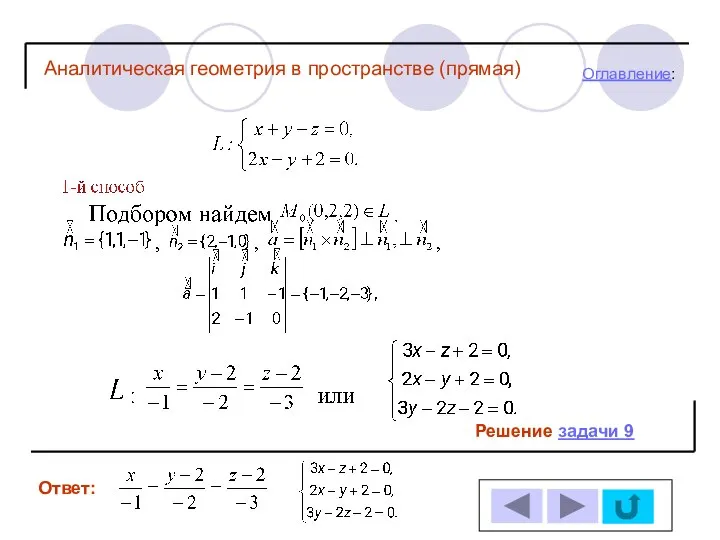 Решение задачи 9 Ответ: Оглавление: Аналитическая геометрия в пространстве (прямая)