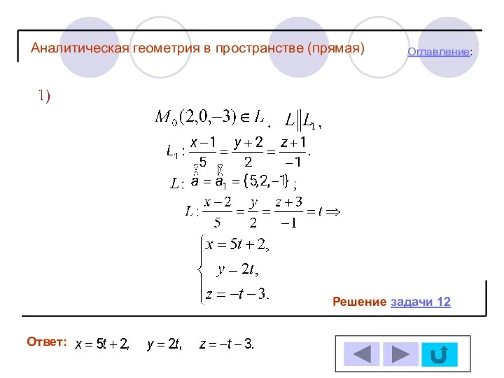 Решение задачи 12 Ответ: Оглавление: Аналитическая геометрия в пространстве (прямая)