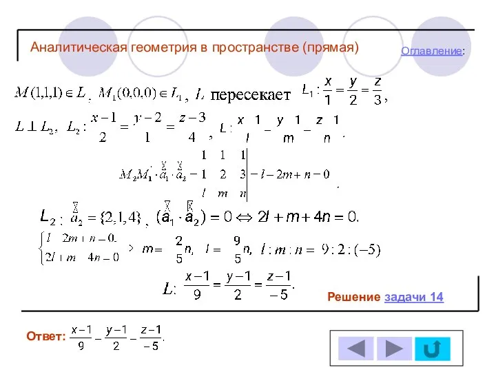 Решение задачи 14 Ответ: Оглавление: Аналитическая геометрия в пространстве (прямая)