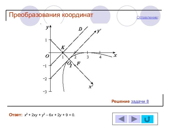 Решение задачи 8 Оглавление: Преобразования координат Ответ: х2 + 2ху +