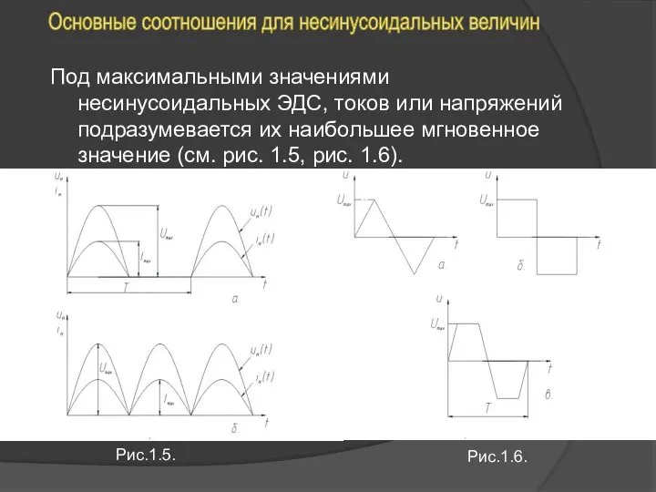 Под максимальными значениями несинусоидальных ЭДС, токов или напряжений подразумевается их наибольшее