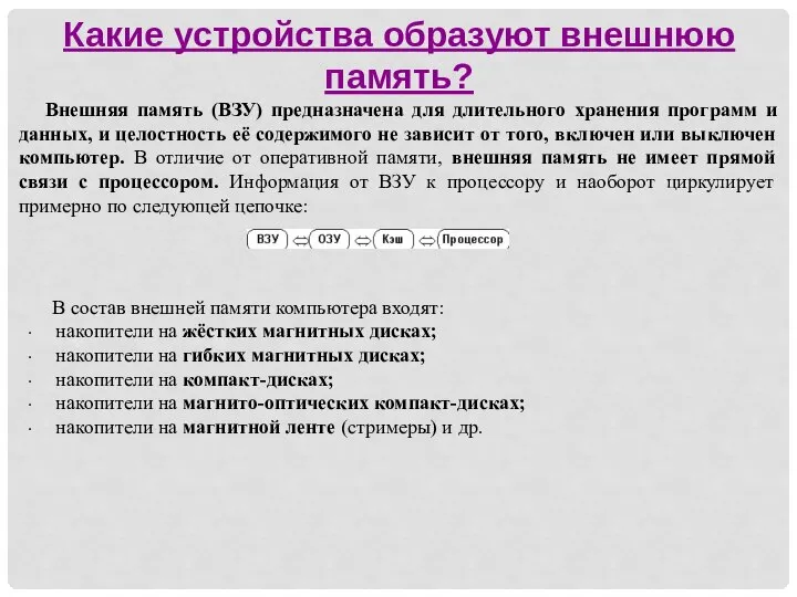 Какие устройства образуют внешнюю память? Внешняя память (ВЗУ) предназначена для длительного