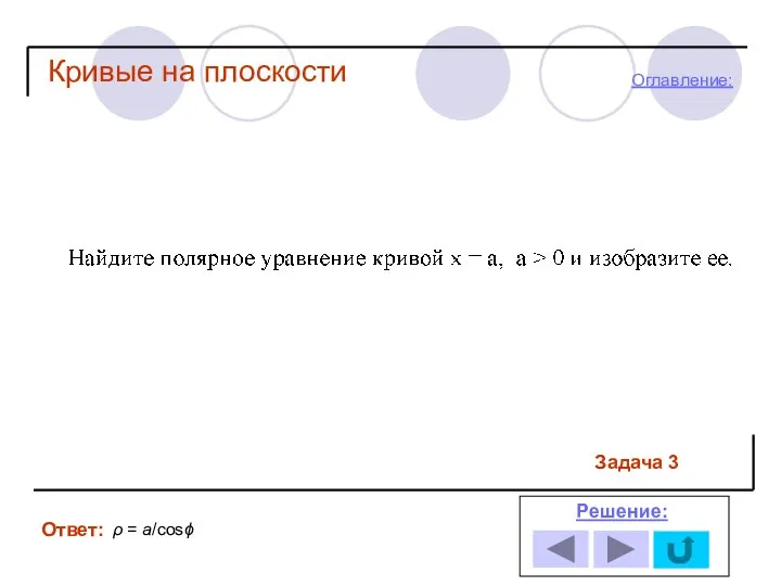 Кривые на плоскости Задача 3 Ответ: Решение: Оглавление: ρ = a/cosϕ