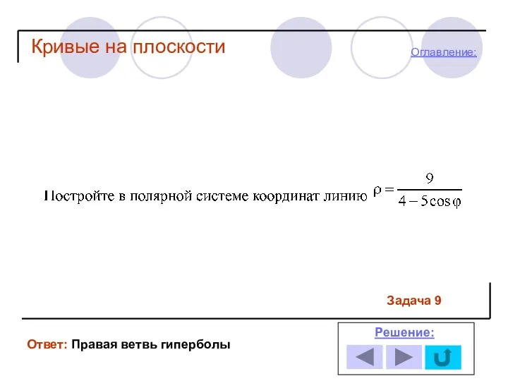 Кривые на плоскости Задача 9 Ответ: Правая ветвь гиперболы Решение: Оглавление: