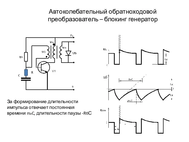 Автоколебательный обратноходовой преобразователь – блокинг генератор За формирование длительности импульса отвечает