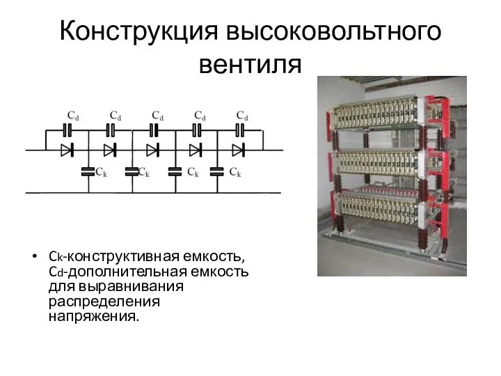 Конструкция высоковольтного вентиля Ck-конструктивная емкость, Cd-дополнительная емкость для выравнивания распределения напряжения.