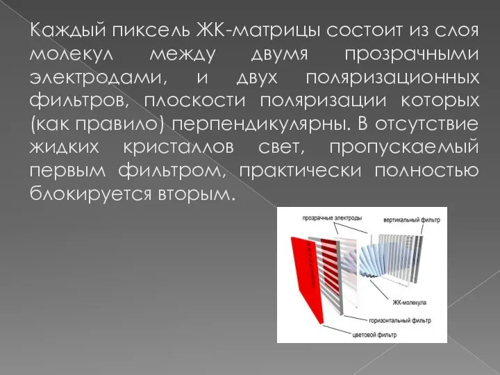 Каждый пиксель ЖК-матрицы состоит из слоя молекул между двумя прозрачными электродами,