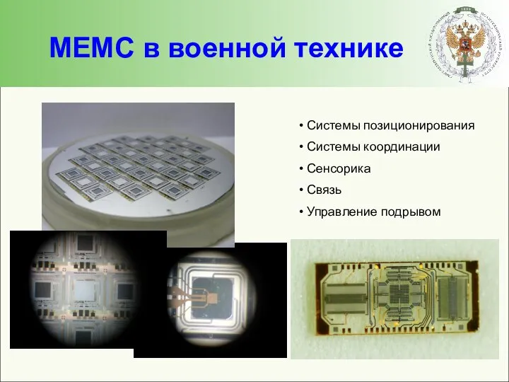МЕМС в военной технике Системы позиционирования Системы координации Сенсорика Связь Управление подрывом