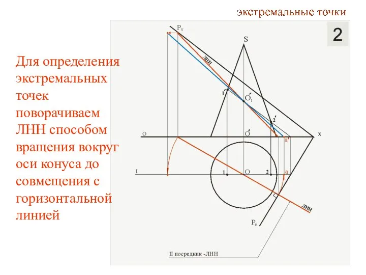 Для определения экстремальных точек поворачиваем ЛНН способом вращения вокруг оси конуса до совмещения с горизонтальной линией