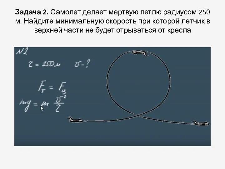 Задача 2. Самолет делает мертвую петлю радиусом 250 м. Найдите минимальную