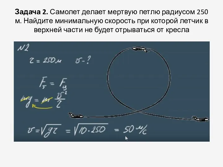 Задача 2. Самолет делает мертвую петлю радиусом 250 м. Найдите минимальную