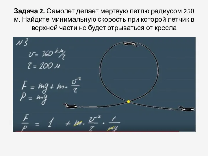 Задача 2. Самолет делает мертвую петлю радиусом 250 м. Найдите минимальную