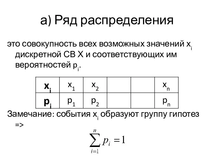 а) Ряд распределения это совокупность всех возможных значений хi дискретной СВ