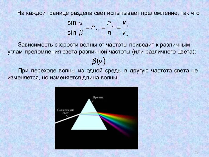 На каждой границе раздела свет испытывает преломление, так что Зависимость скорости