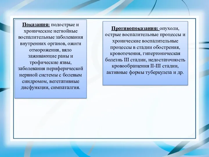 Показания: подострые и хронические негнойные воспалительные заболевания внутренних органов, ожоги отморожения,