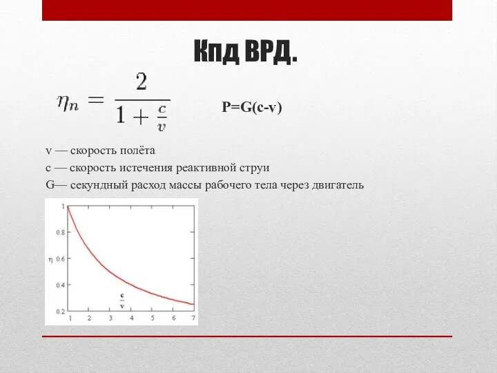 Кпд ВРД. v — скорость полёта c — скорость истечения реактивной