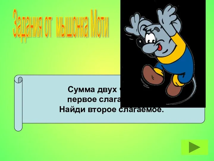 Сумма двух чисел 63, первое слагаемое 40. Найди второе слагаемое. Задания от мышонка Моти